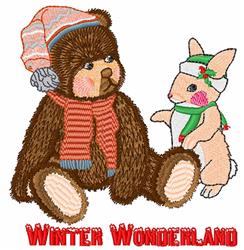 Whimsical bear and rabbit in winter attire, featuring a striped scarf and festive hats, ideal for kids.