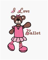 Playful bear in pink ballet tutu and shoes with a bow, featuring 'I Love Ballet' text, perfect for kids.