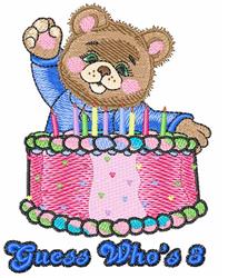 Colorful bear peeking over a pink birthday cake with vibrant candles, perfect for a child's birthday celebration.