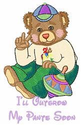 Playful bear in a colorful hat and shirt, making a peace sign beside a spinning top for a child's birthday.