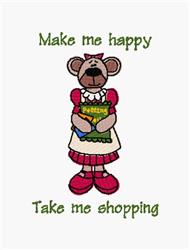 Playful bear in a colorful apron holding books, smiling with pink shoes, perfect for children's decor.