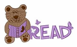 A playful brown bear reading a purple book surrounded by colorful butterflies, promoting education.