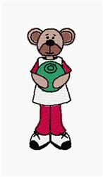 Cartoon bear character in a white shirt and red pants holds a green bowling ball, exuding playful charm.