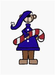 Cartoon bear in blue coat and hat holding a candy cane, cheerful design perfect for Christmas.