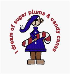 Playful bear in blue holding a candy cane with text 'I dream of sugar plums & candy canes' for Christmas.