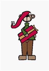 Cartoon bear in a red hat and green sweater holding a colorful gift, perfect for a cheerful Christmas design.