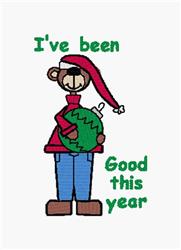 Cartoon bear in red holiday attire holding a green ball, with joyful text saying 'I've been Good this year' for Christmas.