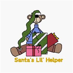 Cartoon bear with festive accessory, seated among colorful Christmas presents, one tied with a green ribbon.