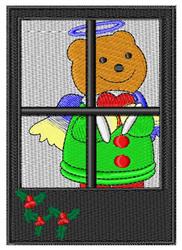 Cheerful bear in green outfit with wings and halo, framed by a whimsical window and holly leaves, perfect for Christmas.