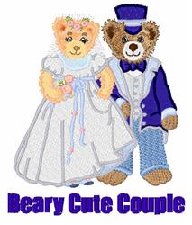 Whimsical bear couple in wedding attire, with bride in a floral gown and groom in a top hat, perfect for playful embroidery.