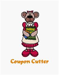Playful bear character in a pink dress holding a green coupon book, featuring cheerful 'Coupon Cutter' text.