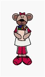 Playful bear in an apron and pink shoes, holding a cup of colorful treats, perfect for kids' themes.