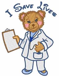 Cartoon bear doctor in a white coat and blue tie, holding a clipboard and giving thumbs up. Playful design.
