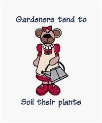 Cheerful bear gardener in red dress with apron, holding a watering can for spring kitchen towels.
