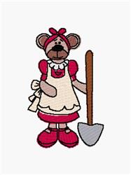 Cartoon bear gardener in a red dress and white apron holds a gray shovel, playful and cheerful.