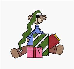 Cartoon bear with green hair and an eye patch in a blue sweater, surrounded by colorful gift boxes for a festive holiday mood