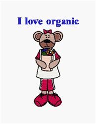 Cartoon bear in a pink apron holding a grocery bag with items, stating 'I love organic' in blue, perfect for kitchen towels.