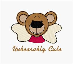 Applique bear head with oversized ears and angelic wings, featuring the phrase 'Unbearably Cute' in soft gold.