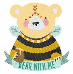 Cute bear in a striped sweater holding a honey pot, adorned with bee wings and rosy cheeks in a whimsical style.