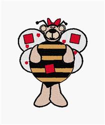 Applique bear with bee wings in playful style, featuring black stripes, red hearts, and cheerful squares.