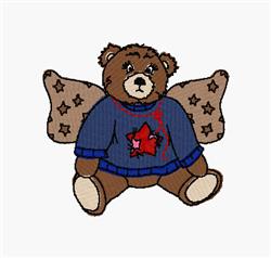 Cute bear in a blue sweater with a red star and decorative wings, perfect for kids' cozy designs.