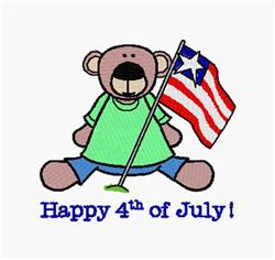 Cartoon bear in blue shorts and green T-shirt, holding an American flag with 'Happy 4th of July!' text below.