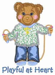 Whimsical bear character with golden-brown fur, green shirt, and blue jeans, joyfully holding jump ropes.