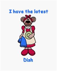 Cheerful bear in a pink apron holding a green plate and blue dish towel, perfect for playful kitchen decor.