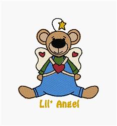 Playful bear with angel wings and hearts in a warm color palette, perfect for a baby shower.
