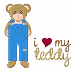 Cute bear in blue overalls with a friendly smile, accompanied by colorful text 'i ❤️ my teddy'. Cheerful design.