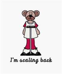 Cartoon bear in pink shorts stands by a scale, cheerful with 'I'm scaling back' text below. Playful design.