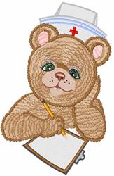 Cute bear in a nurse's hat with a red cross, holding a notepad and pencil, playful healthcare theme.