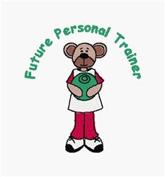Cartoon bear personal trainer in an apron holding a green ball, with playful 'Future Personal Trainer' text.