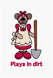 Cartoon bear in a red dress and apron, cheerfully holding a shovel with 'Plays in dirt' text, playful theme.