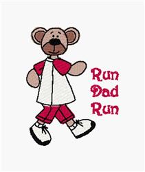 Cartoon bear in a red and white outfit, waving playfully with 'Run Dad Run' text, ideal for children’s clothing.
