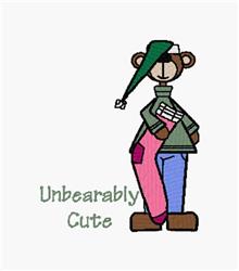 Whimsical bear wearing a green cap and cozy sweater, holding a pink pencil and notebook, with 'Unbearably Cute' text.