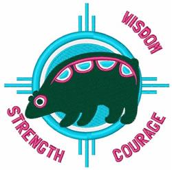 Stylized bear in dark green with pink and blue accents, surrounded by a circular design featuring 'STRENGTH', 'WISDOM', and '