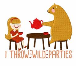 A playful bear pouring tea from a bright red teapot for a girl in a cheerful red dress at a colorful tea party.