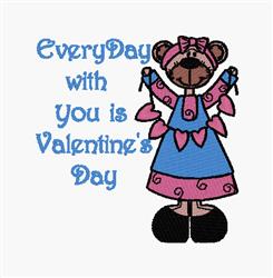 Playful bear in a blue and pink dress with a headband, surrounded by cheerful text for Valentine's Day.
