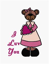 Cute bear in a pink dress with lace, holding a heart. Playful Valentine's Day theme for kids.