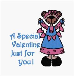 Playful bear in blue and pink dress, holding hearts, with 'A Special Valentine Just for You!' text for Valentine's Day.
