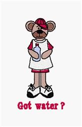 Playful bear in a cap and apron holding a blue water bottle, with the fun text 'Got water ?' below.