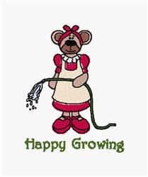 Cartoon bear in a colorful dress holding a watering can, spraying water, with 'Happy Growing' text below.