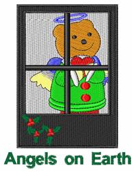 Playful bear in a green garment with a red button and halo, framed by a window with holly leaves, holiday theme.