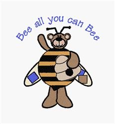Whimsical cartoon bee with friendly expression, striped in yellow and brown, blue wings, and playful text saying 'Bee all you