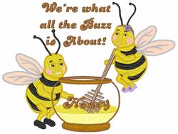 Playful cartoon bees with vibrant yellow stripes stir a honey pot filled with golden honey, featuring whimsical text.