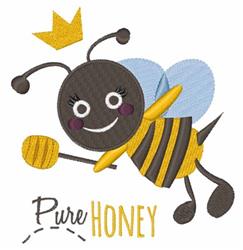 Cheerful cartoon bee with black and yellow stripes, blue wings, wearing a crown and holding a honey dipper.