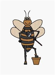 Cheerful cartoon bee in playful style, standing on a garden pot with a garden fork, perfect for spring.