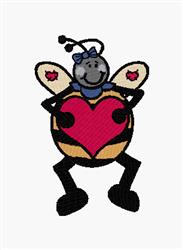 Cheerful bee with black and yellow stripes and a playful blue bow, holding a red heart for Valentine's Day.