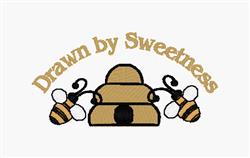 Playful bee hive with cheerful bees and golden text 'Drawn by Sweetness', perfect for casual decor.